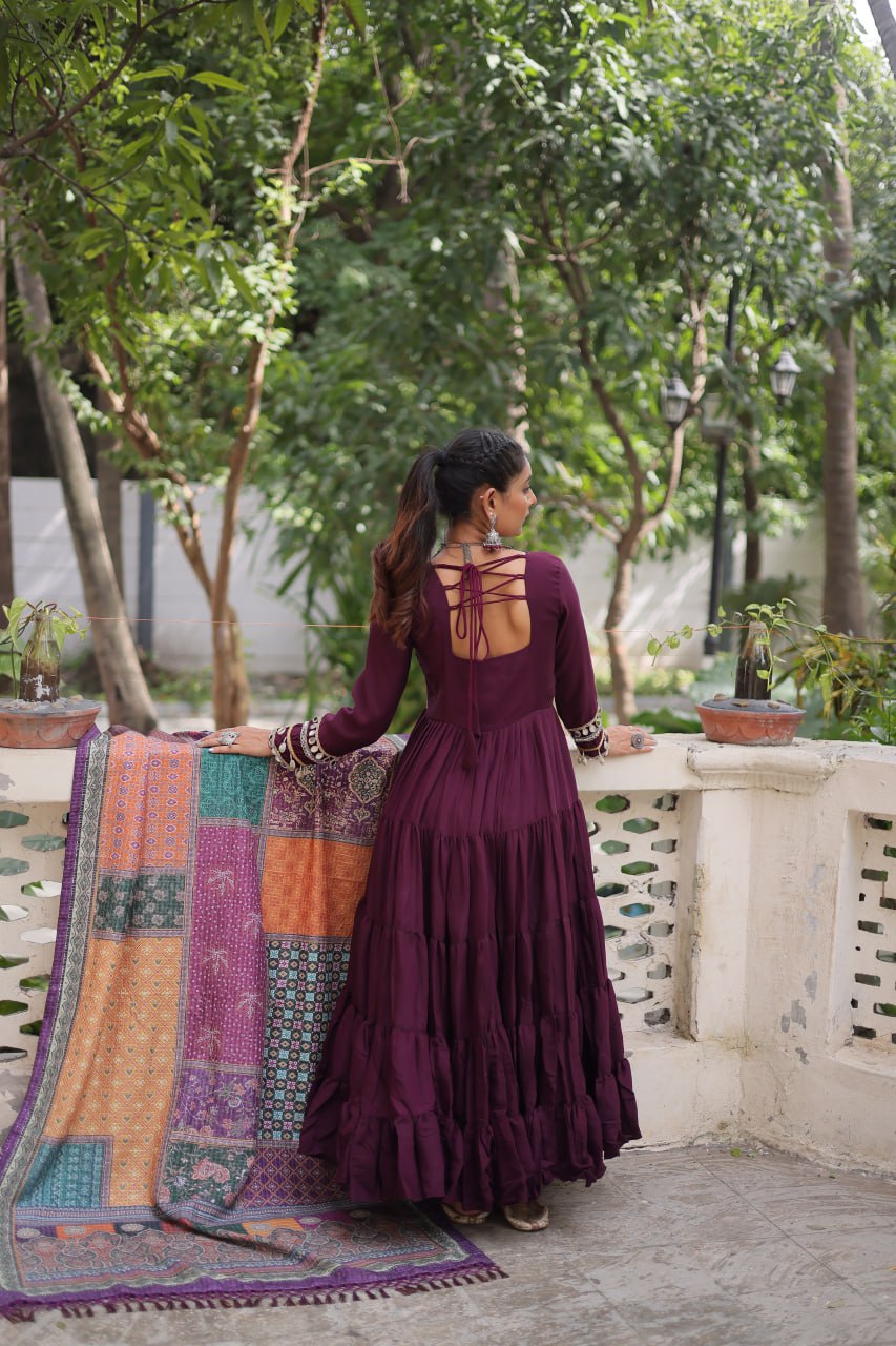 Wine Roman Fabric Frill-Stitched Gown with Maslin Crochet Dupatta