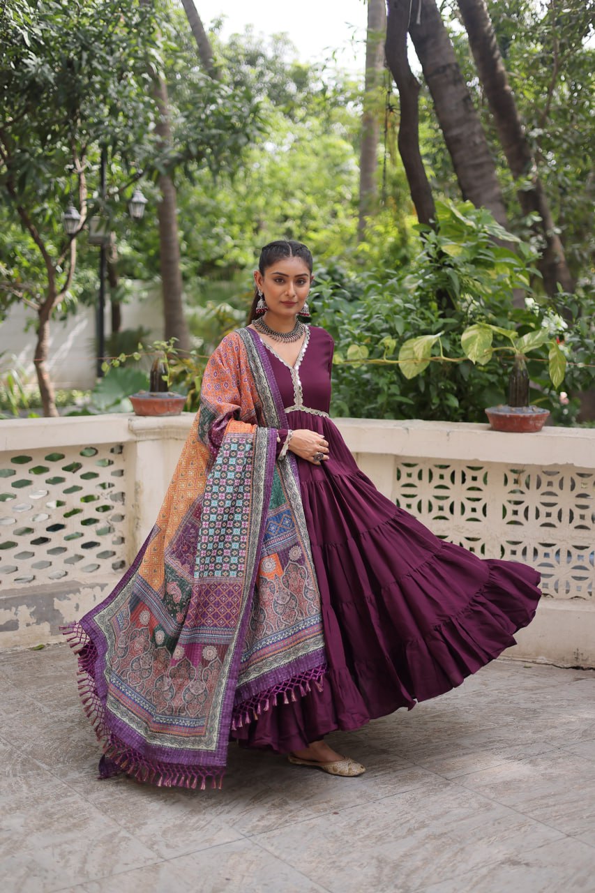 Wine Roman Fabric Frill-Stitched Gown with Maslin Crochet Dupatta