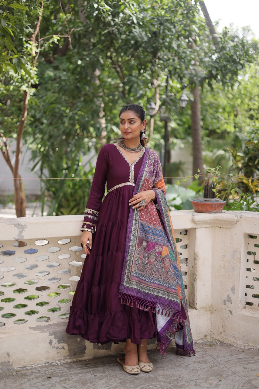 Wine Roman Fabric Frill-Stitched Gown with Maslin Crochet Dupatta