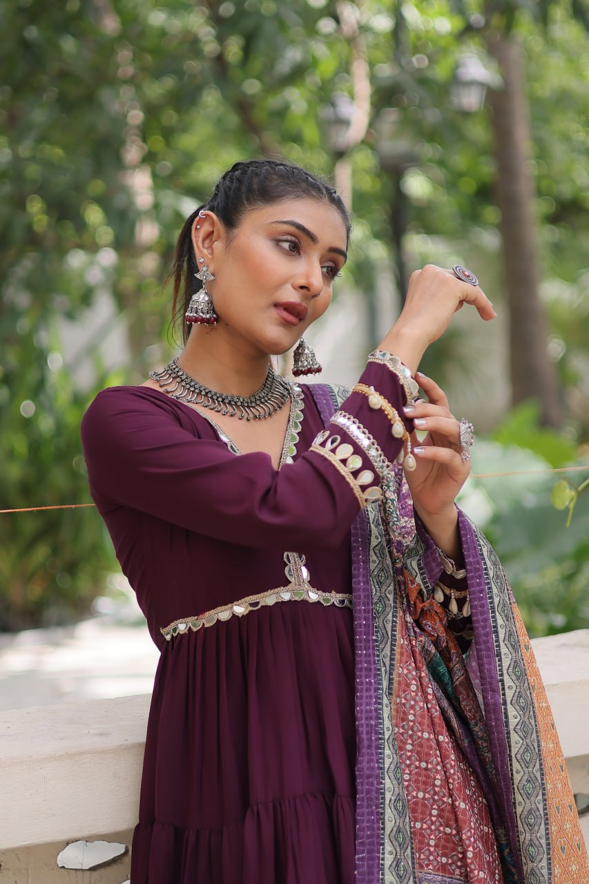 Wine Roman Fabric Frill-Stitched Gown with Maslin Crochet Dupatta