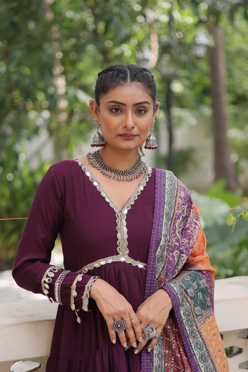 Wine Roman Fabric Frill-Stitched Gown with Maslin Crochet Dupatta