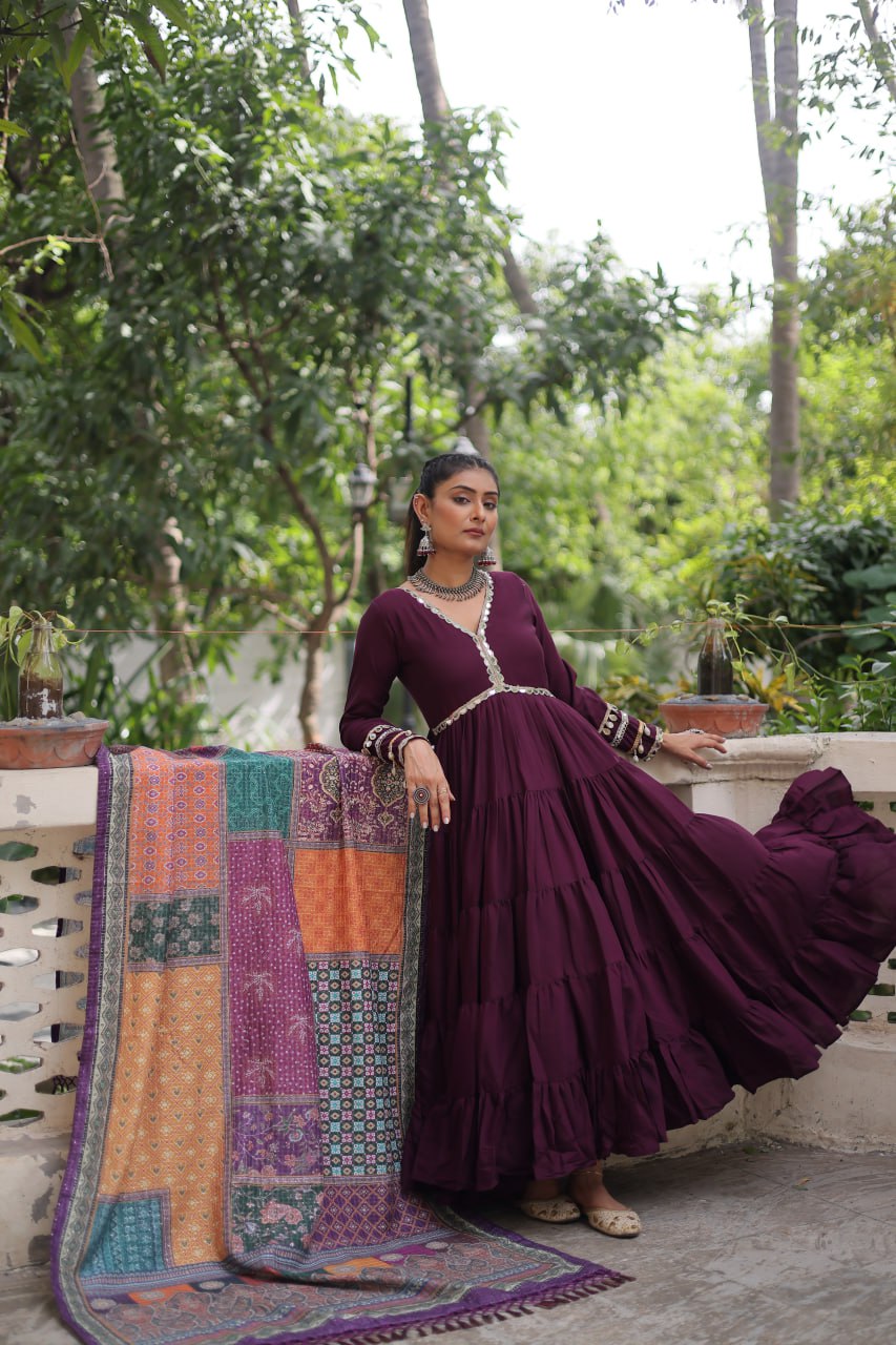 Wine Roman Fabric Frill-Stitched Gown with Maslin Crochet Dupatta