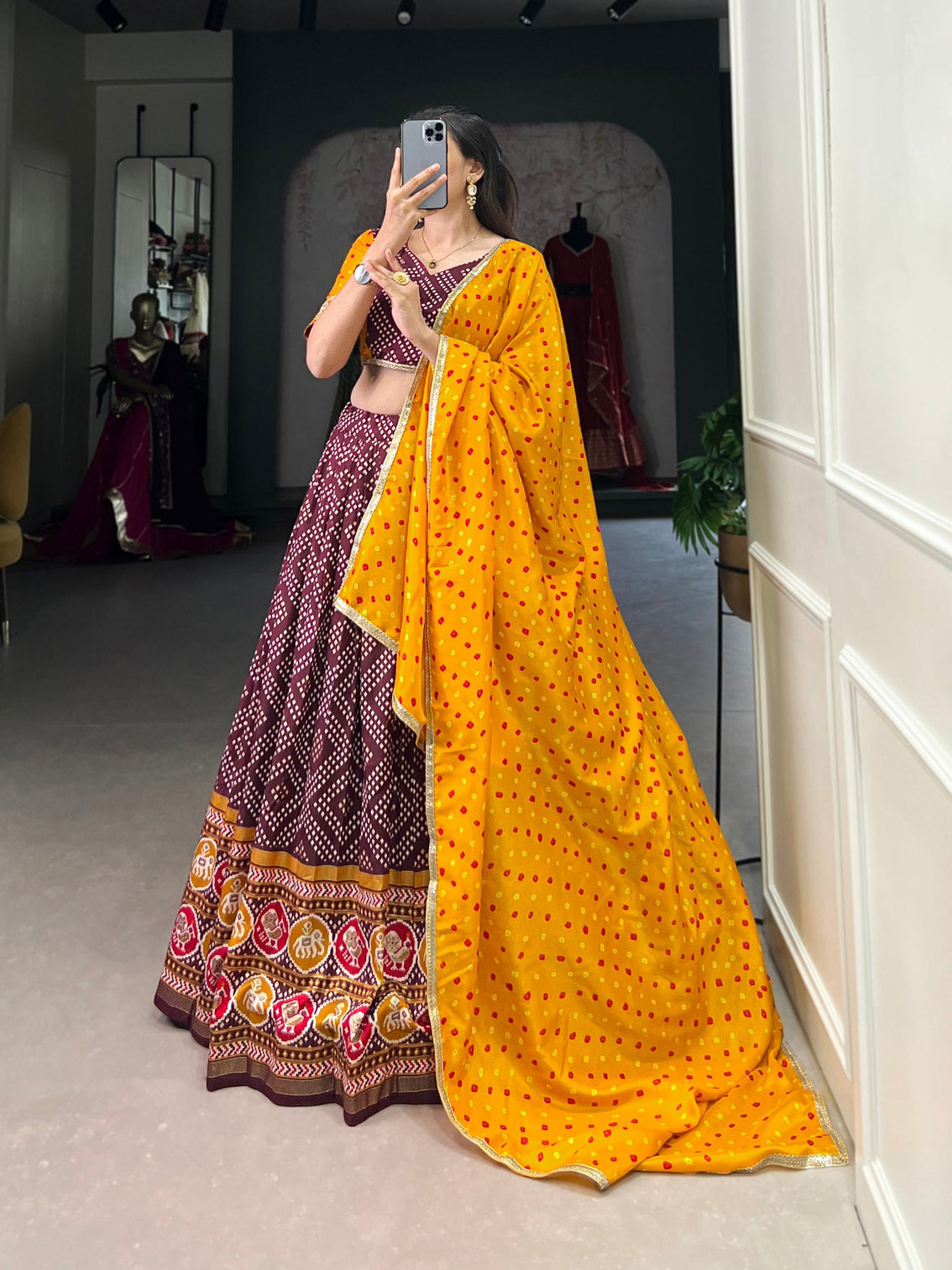 Wine Royal Tussar Silk Lehenga Choli with Bandhej & Patola Prints – Perfect for Festive Functions