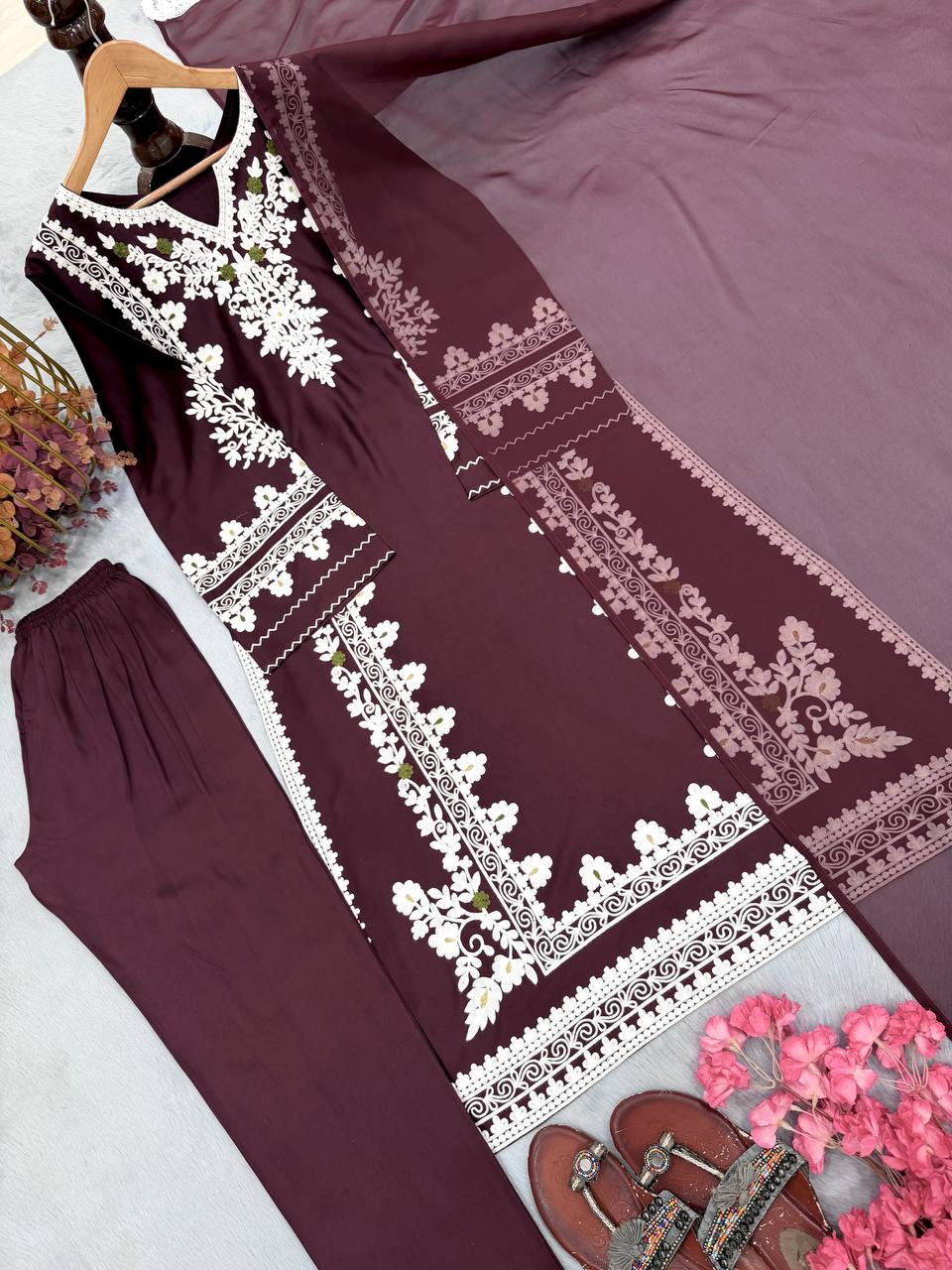 Wine Satin Rayon Kaftan Set