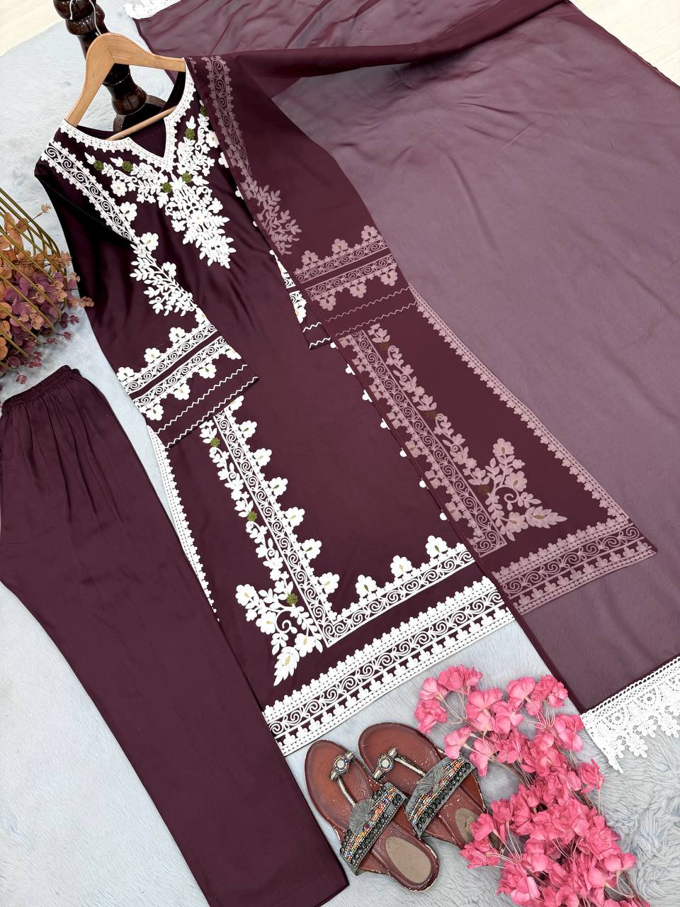 Wine Satin Rayon Kaftan Set