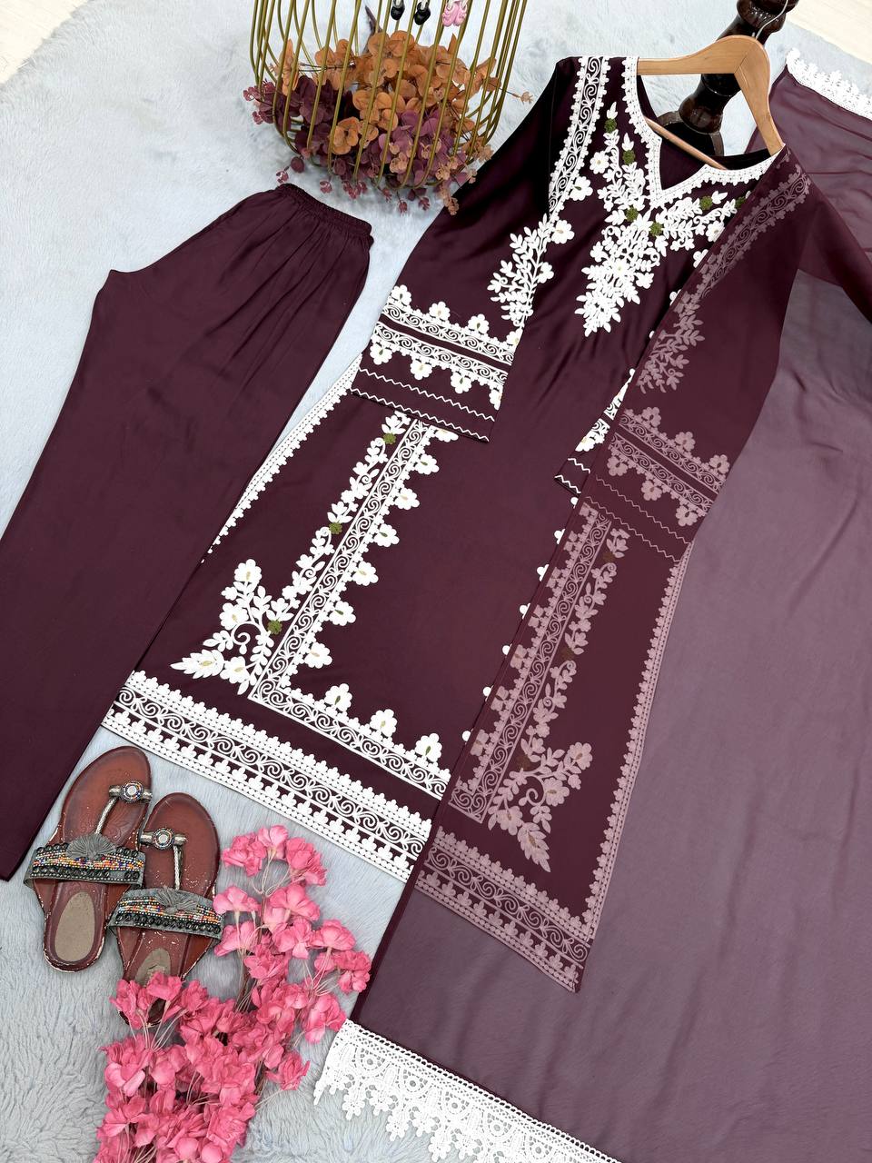 Wine Satin Rayon Kaftan Set