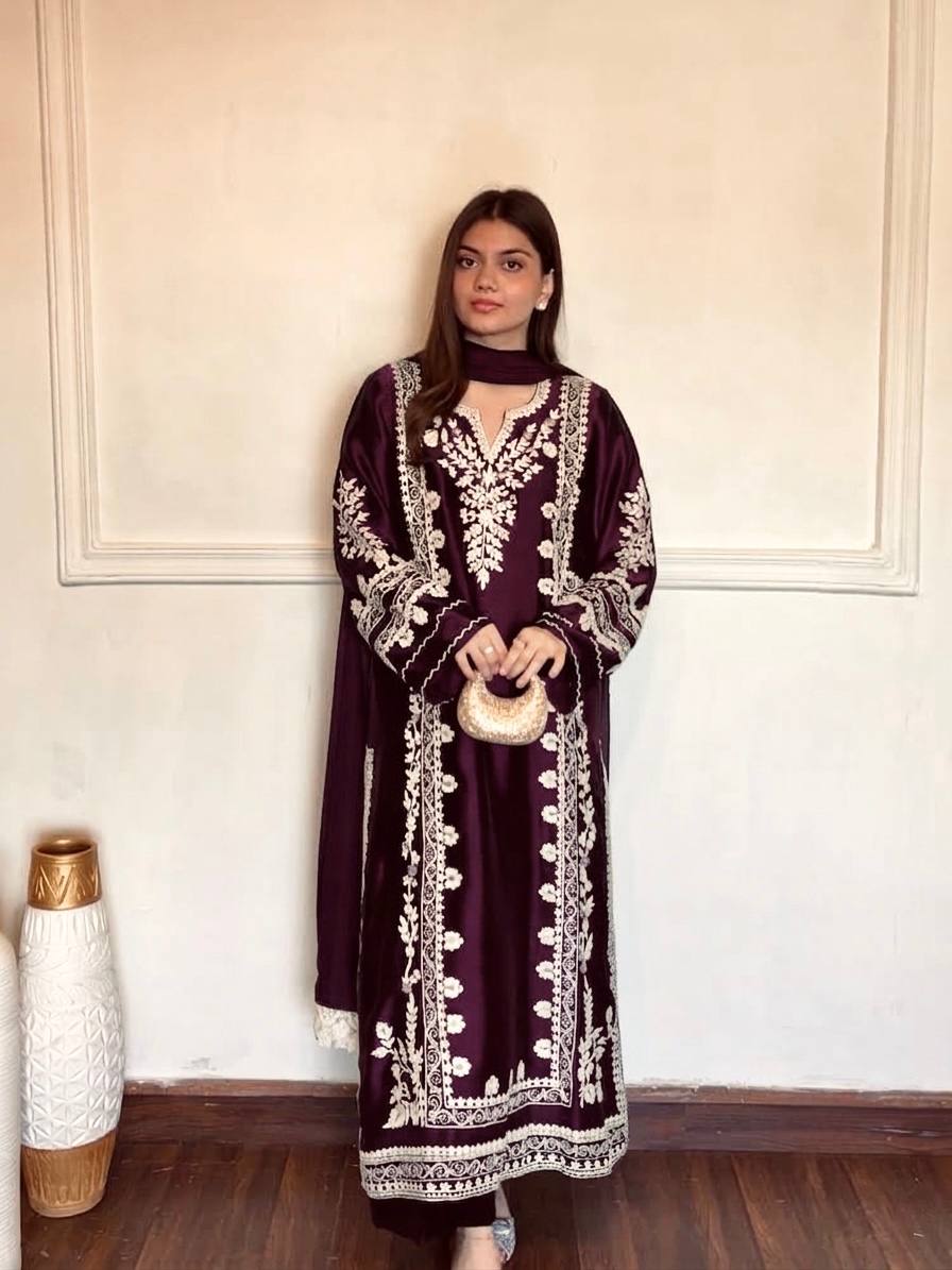 Wine Satin Rayon Kaftan Set