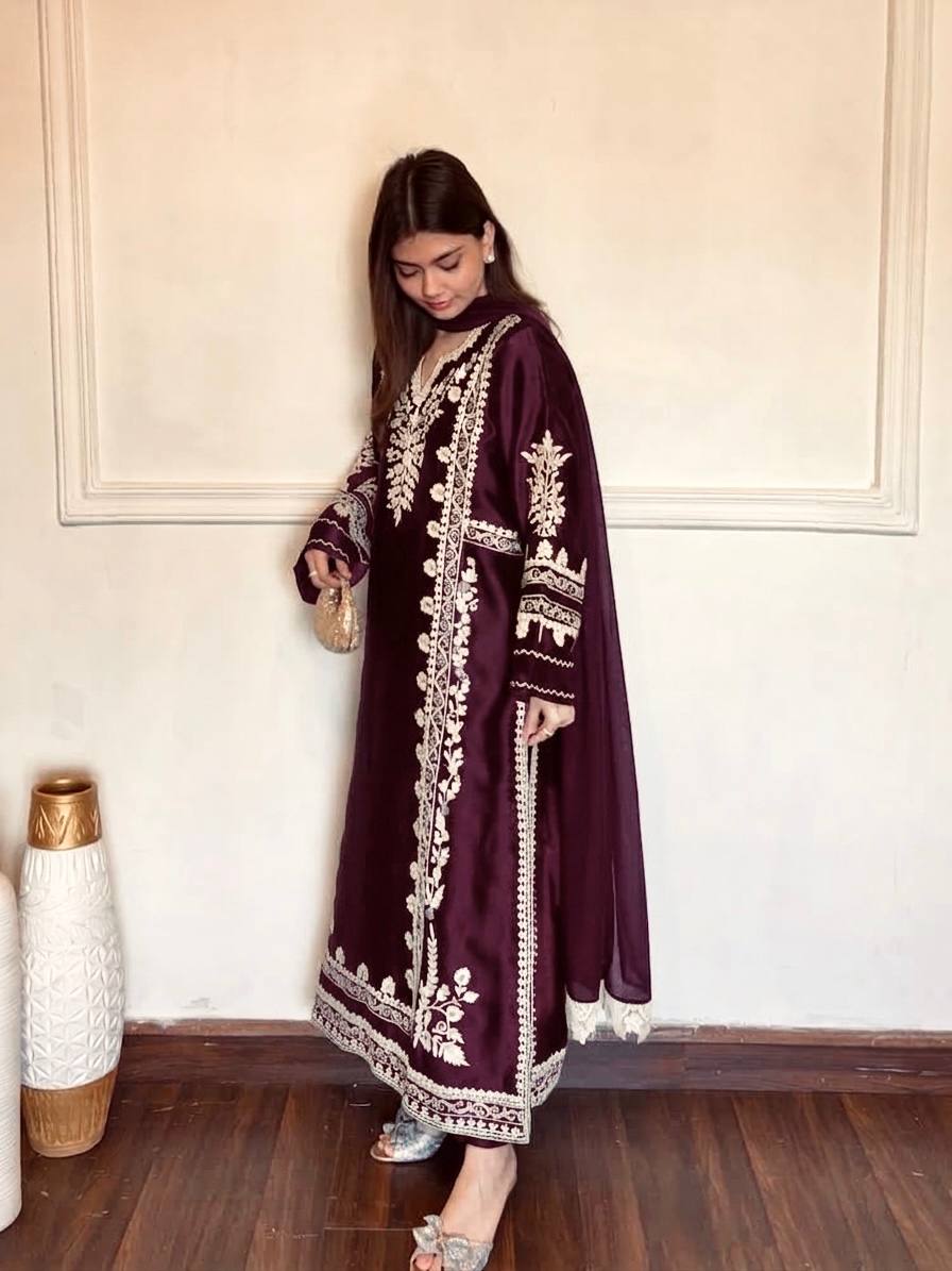 Wine Satin Rayon Kaftan Set