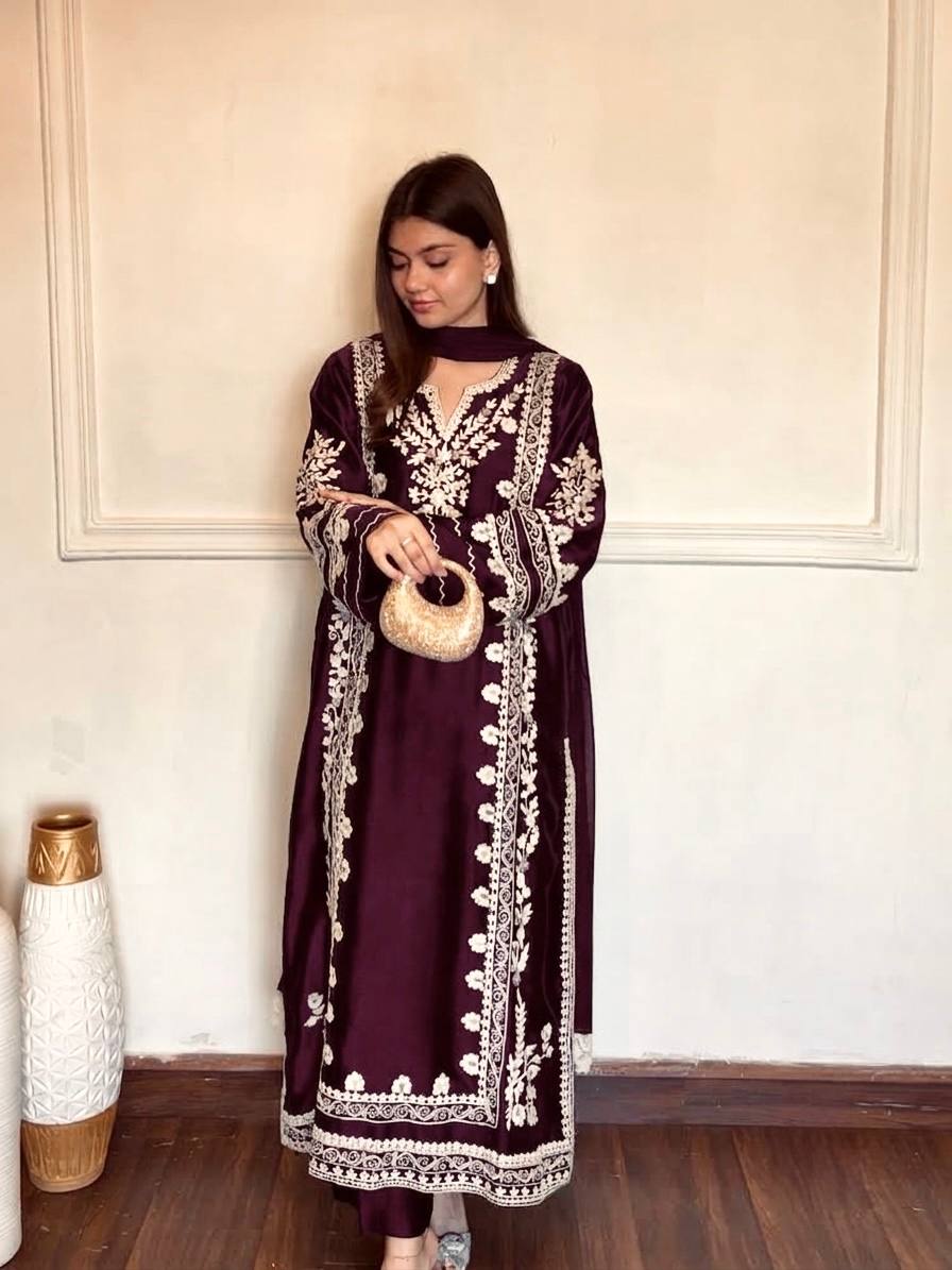 Wine Satin Rayon Kaftan Set