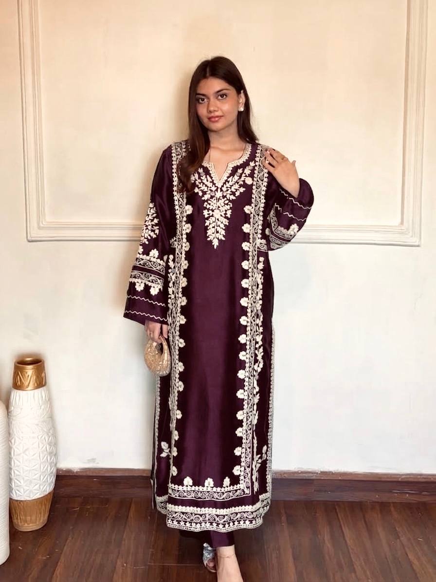 Wine Satin Rayon Kaftan Set