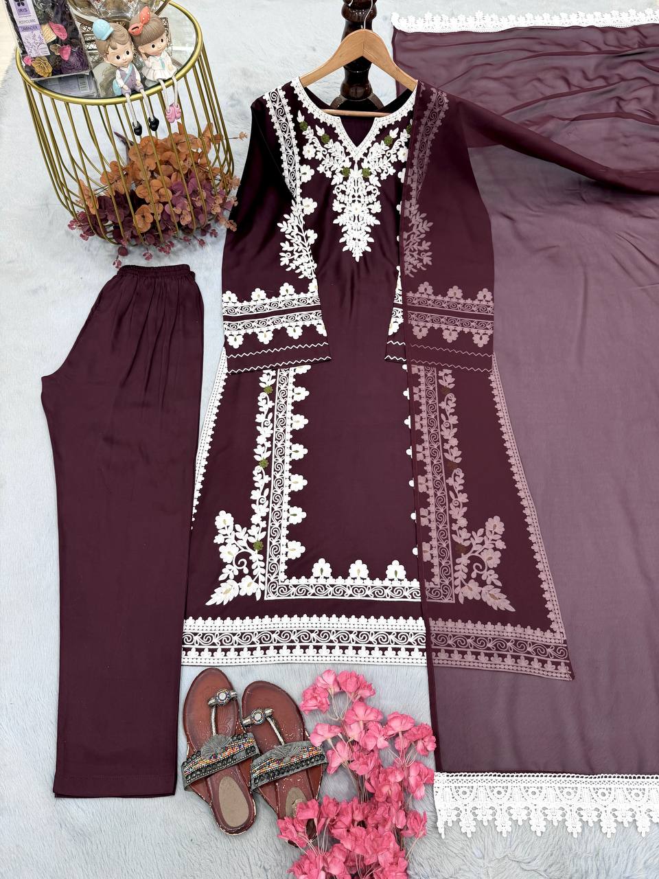 Wine Satin Rayon Kaftan Set