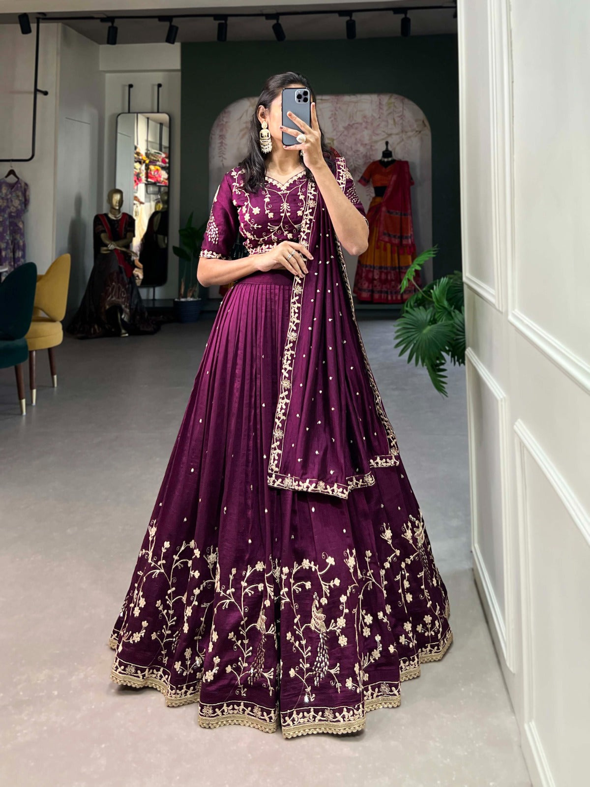 Wine Sequin Embroidered Vichitra Silk Lehenga Choli Set