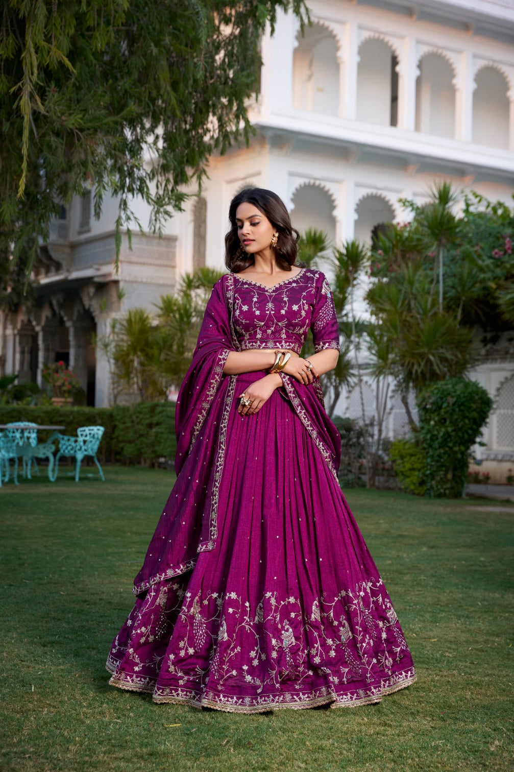 Wine Sequin Embroidered Vichitra Silk Lehenga Choli Set