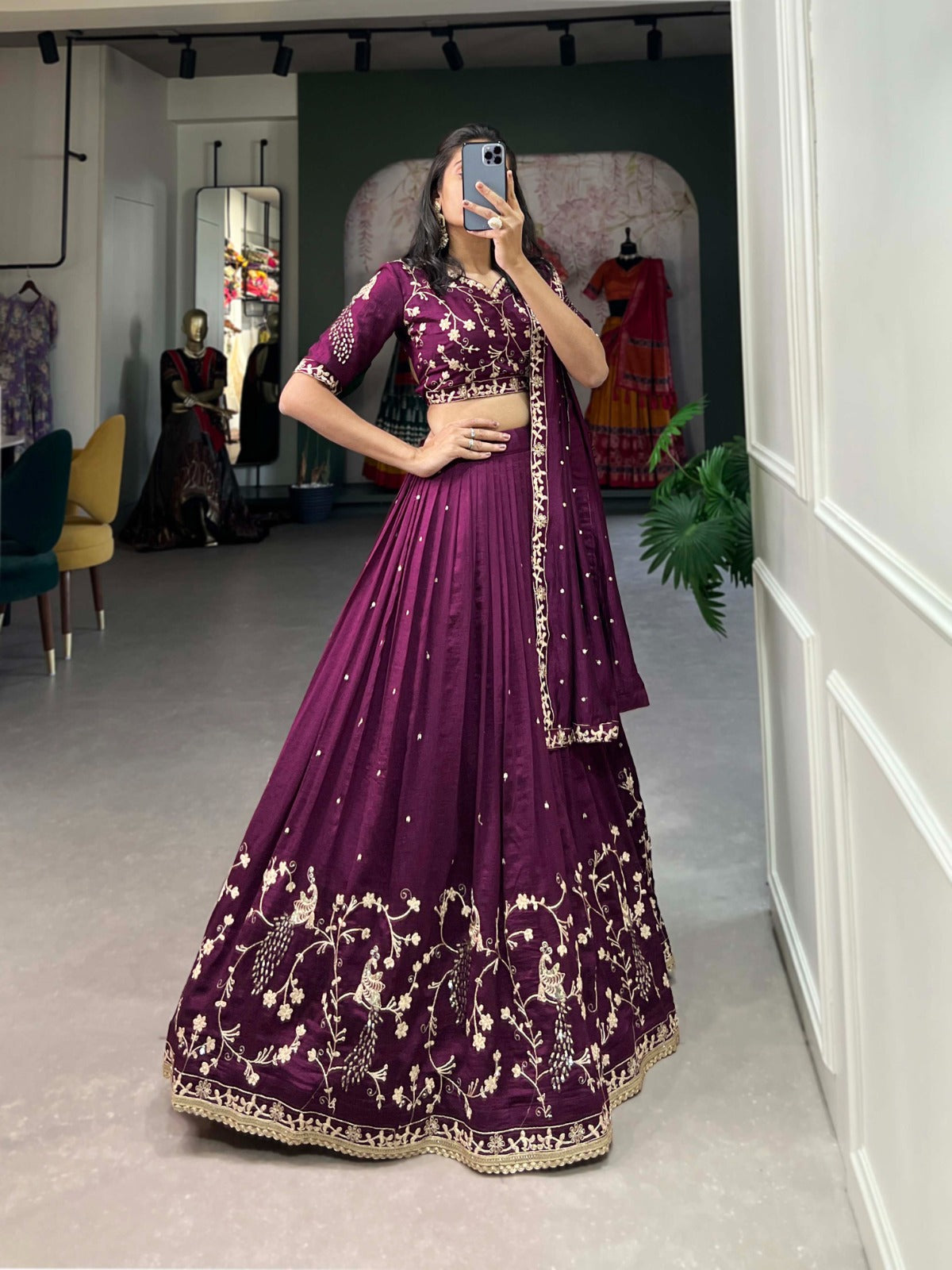 Wine Sequin Embroidered Vichitra Silk Lehenga Choli Set