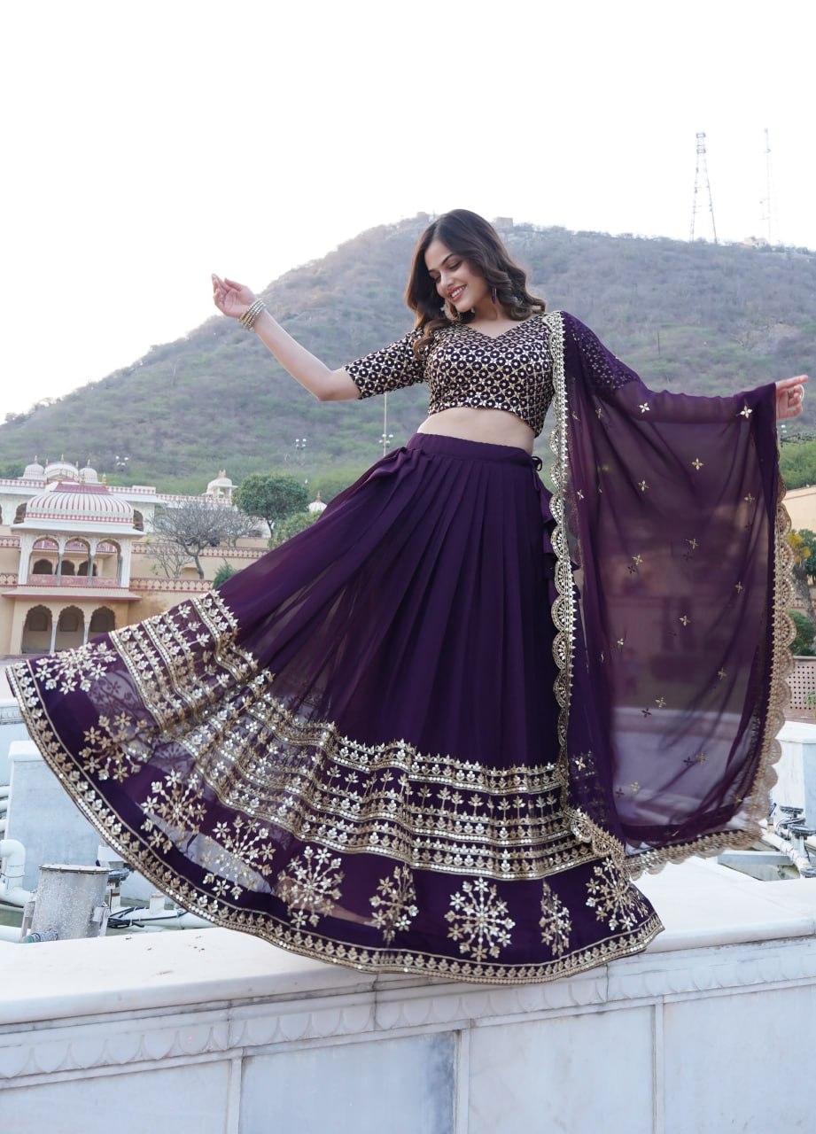 Wine Sequined Faux Georgette Lehenga Choli Set with Dupatta