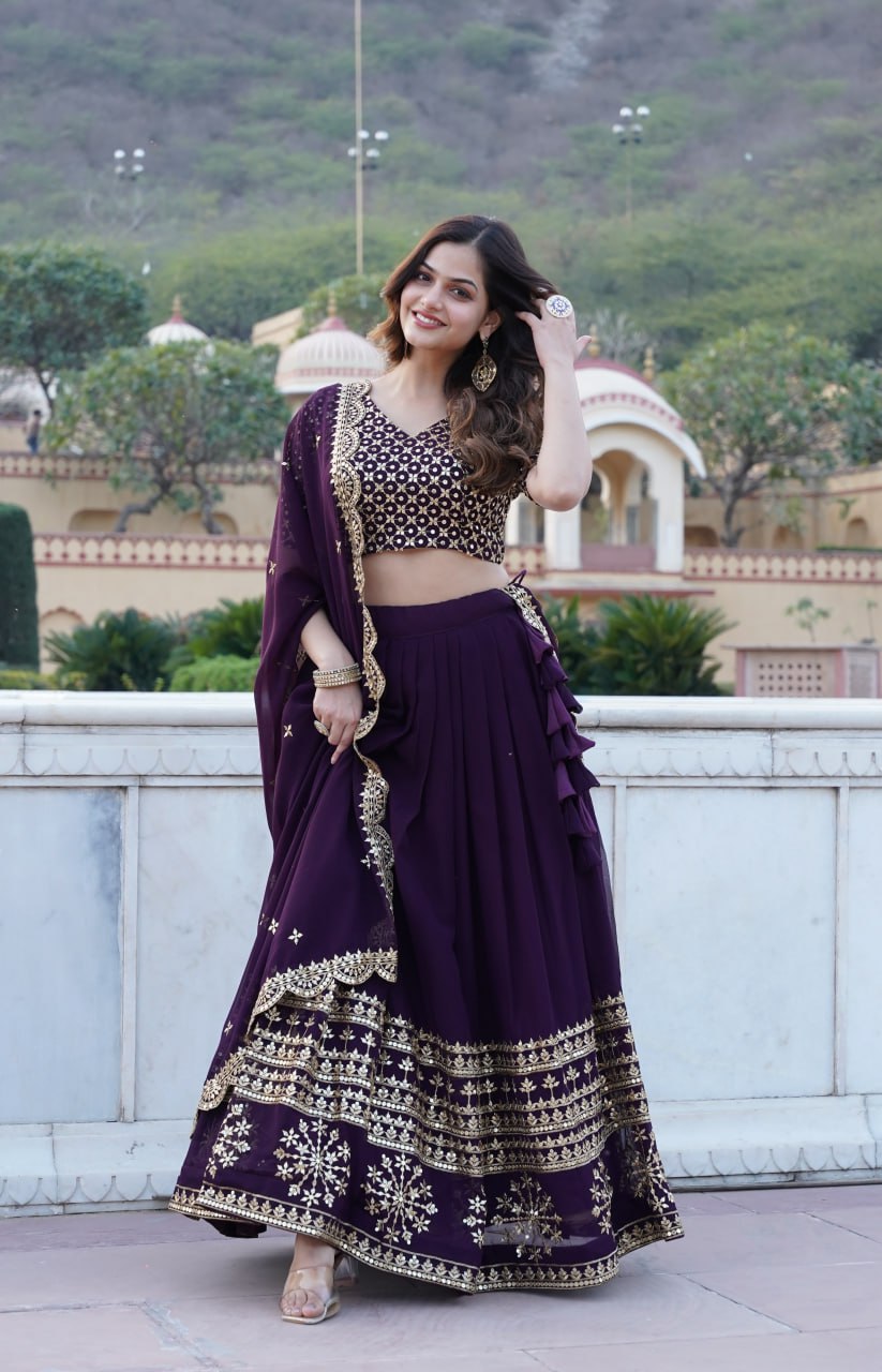 Wine Sequined Faux Georgette Lehenga Choli Set with Dupatta