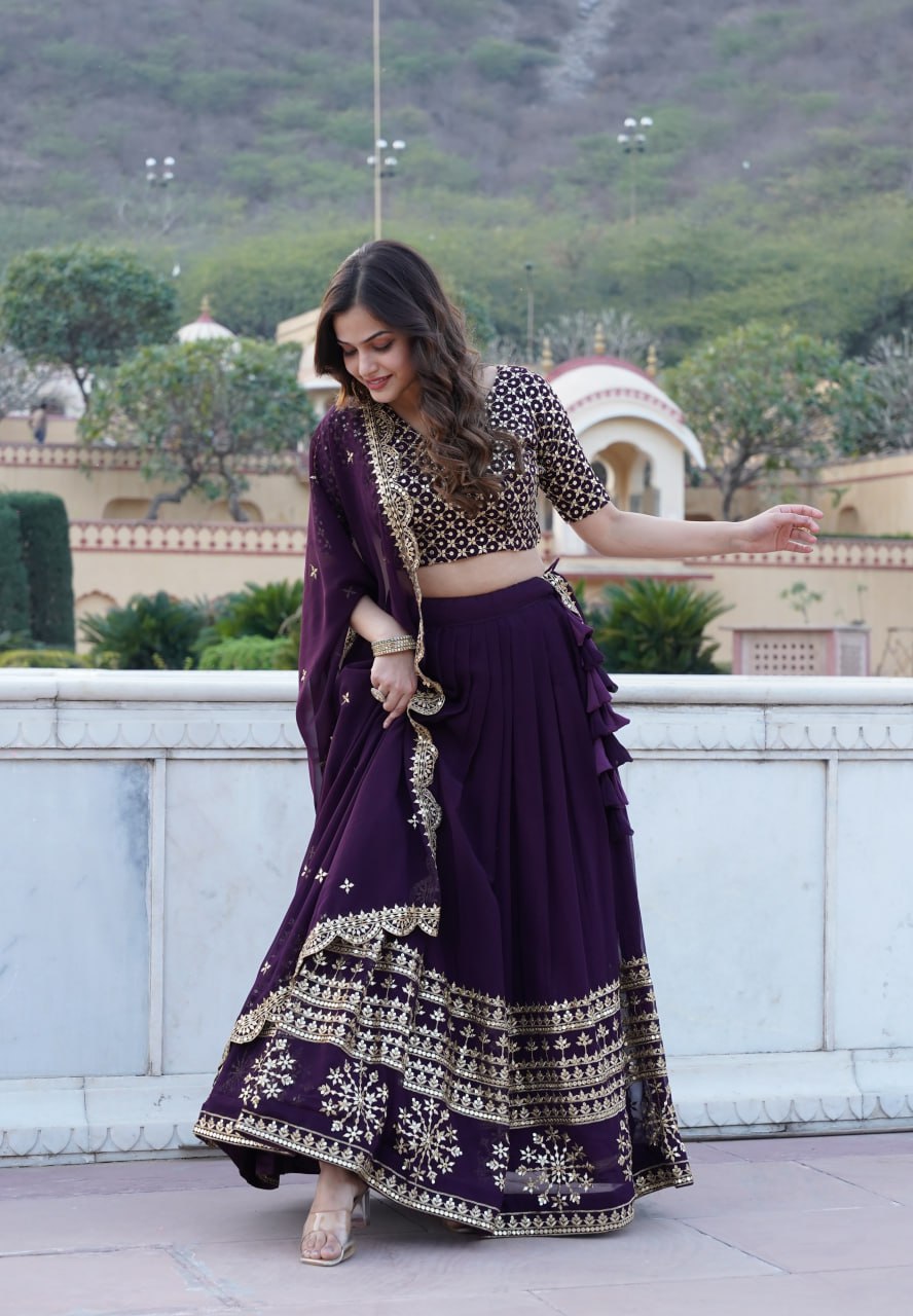 Wine Sequined Faux Georgette Lehenga Choli Set with Dupatta