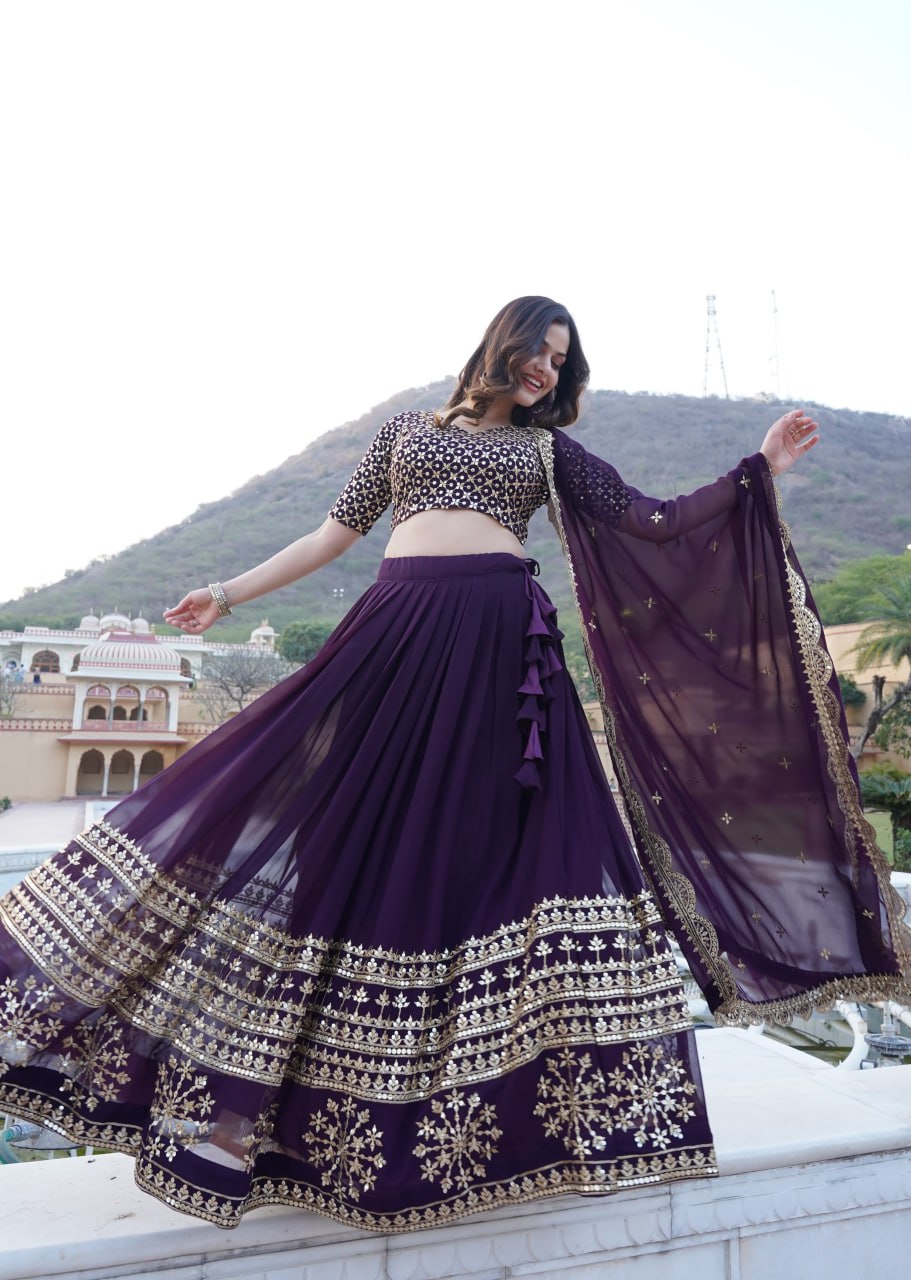 Wine Sequined Faux Georgette Lehenga Choli Set with Dupatta