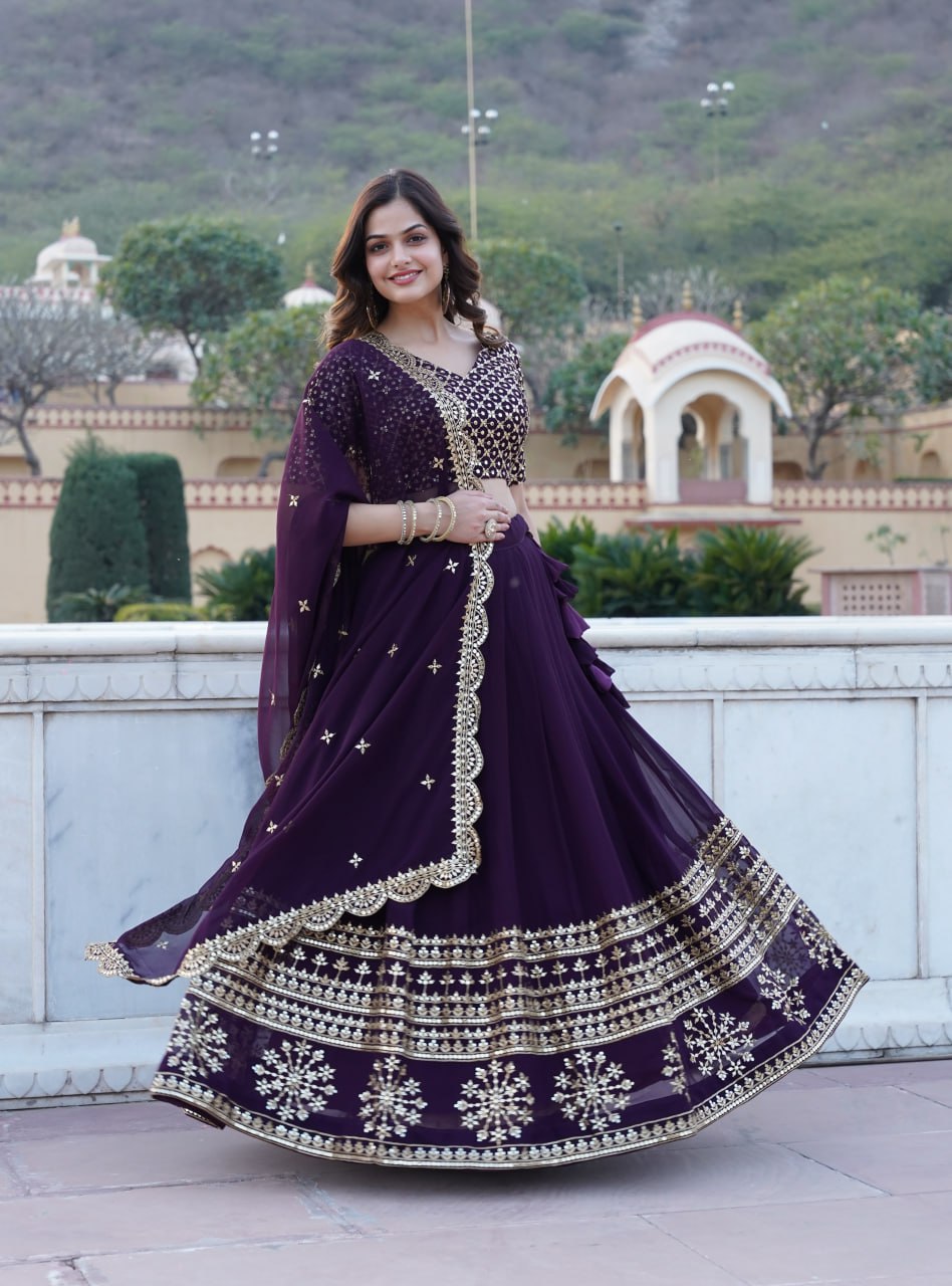 Wine Sequined Faux Georgette Lehenga Choli Set with Dupatta