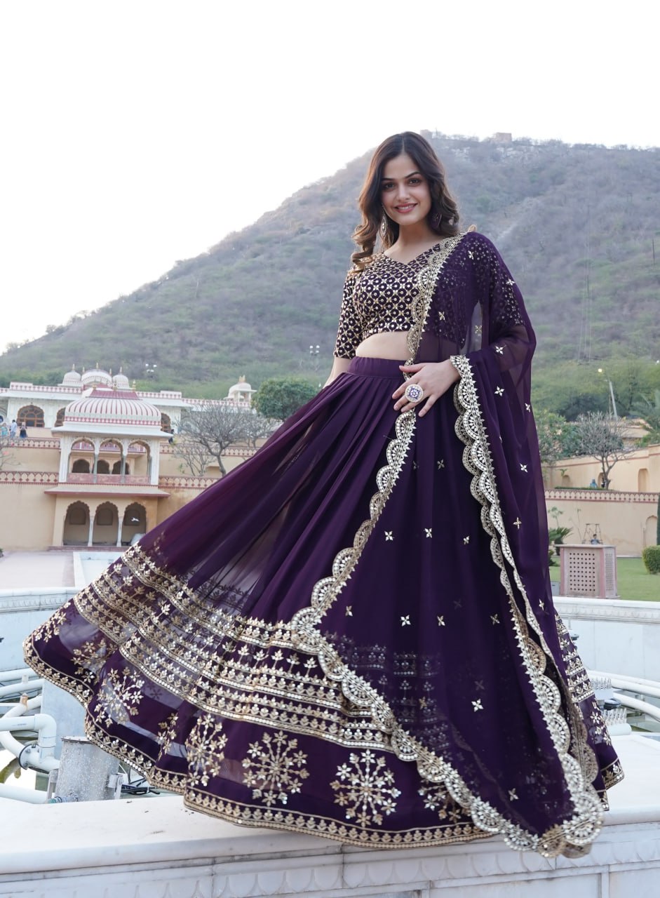 Wine Sequined Faux Georgette Lehenga Choli Set with Dupatta