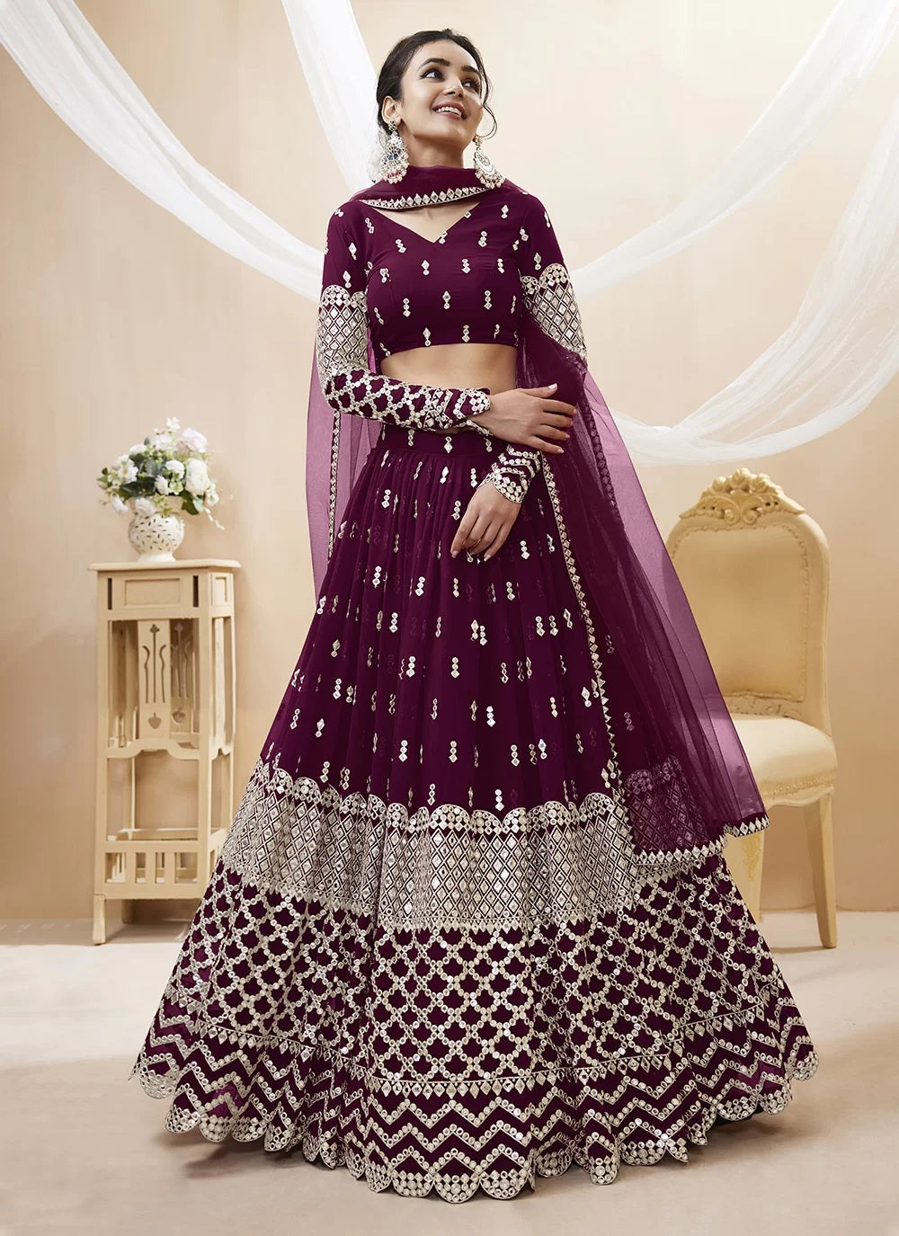 Wine sequins and zari embroidery wedding wear lehenga