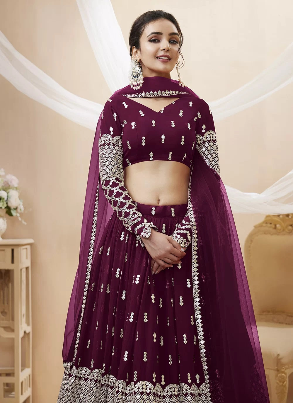 Wine sequins and zari embroidery wedding wear lehenga