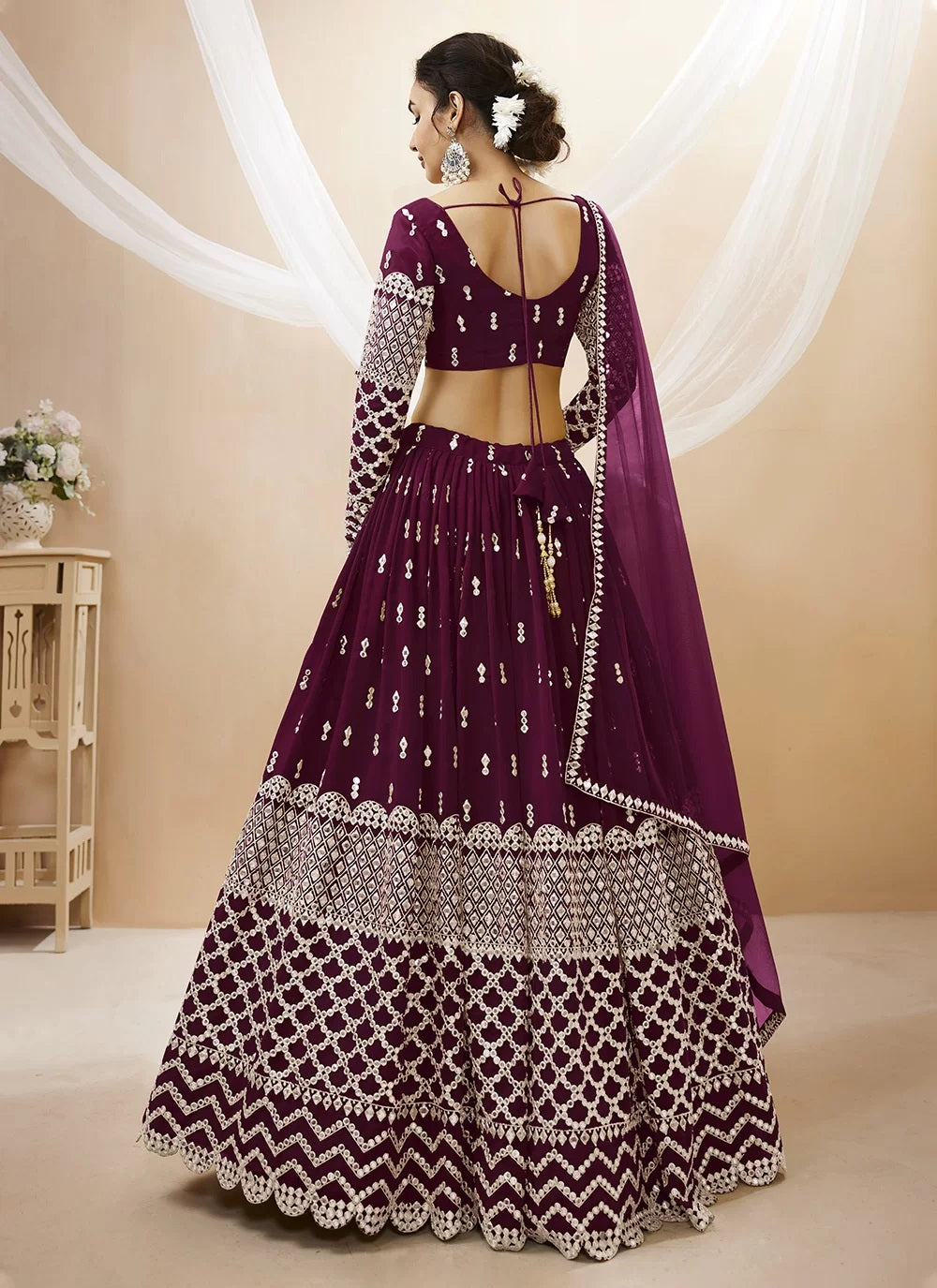 Wine sequins and zari embroidery wedding wear lehenga