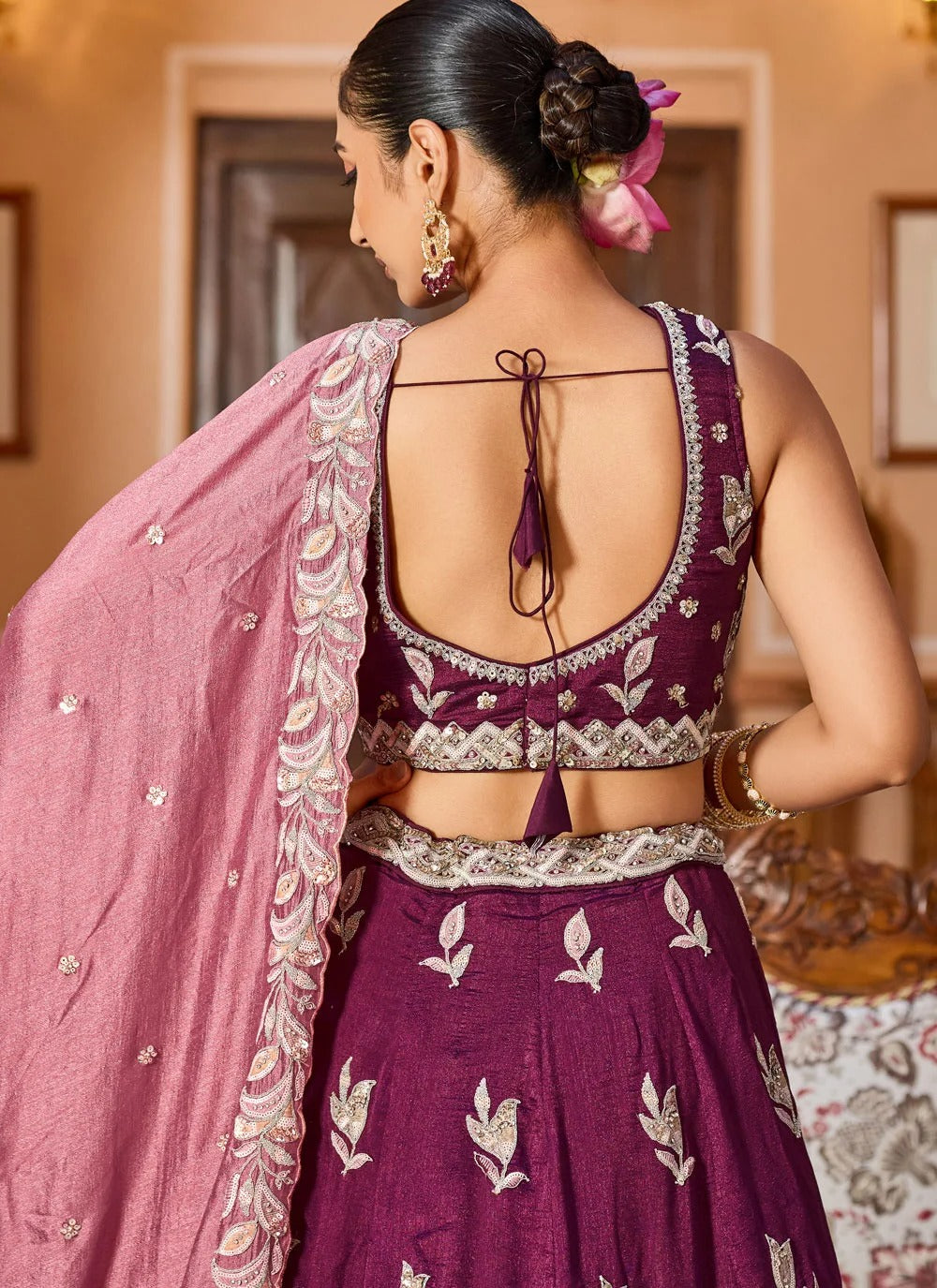 Regal burgundy reception lehenga in silk with stone thread embroidery