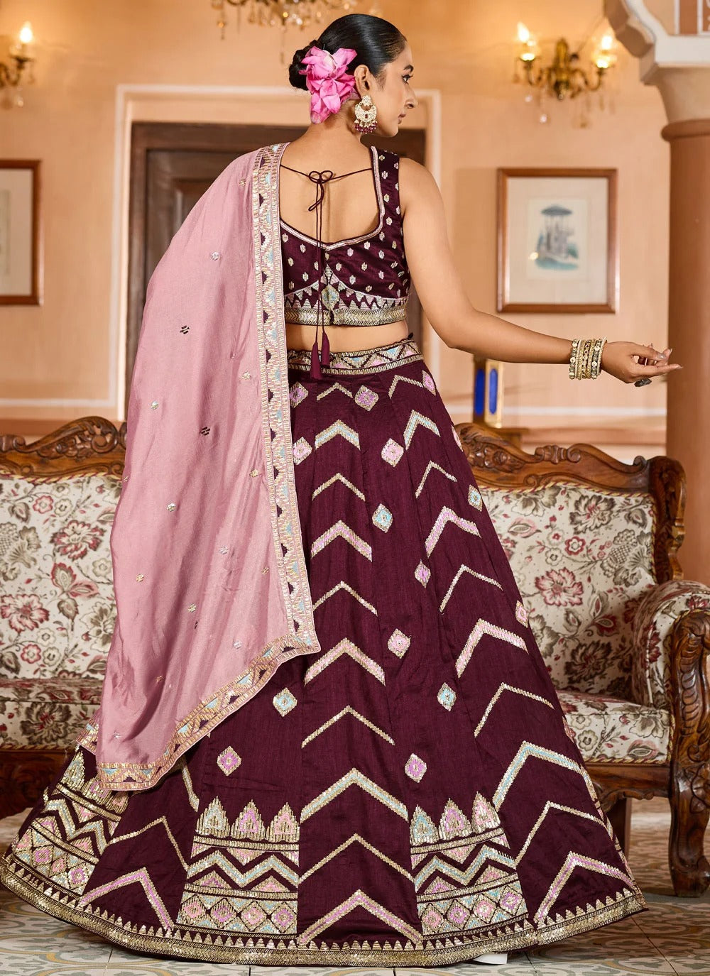 Regal burgundy reception lehenga in silk with stone thread embroidery