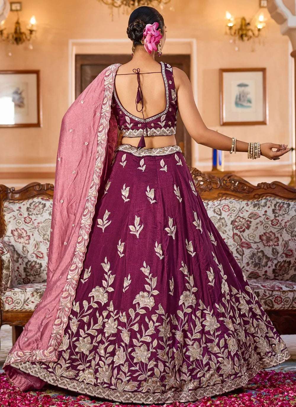 Regal burgundy reception lehenga in silk with stone thread embroidery