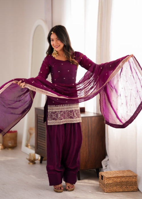 Wine Silk Embroidered Kurta Bell Bottom Set
