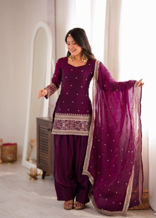 Wine Silk Embroidered Kurta Bell Bottom Set