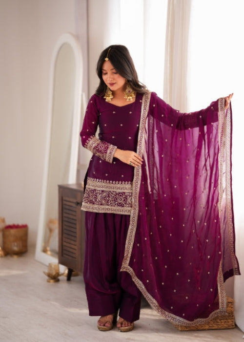 Wine Silk Embroidered Kurta Bell Bottom Set