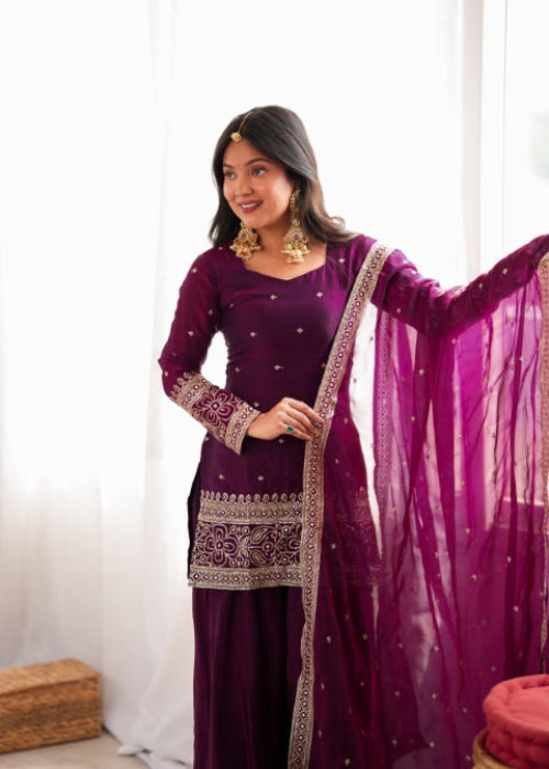 Wine Silk Embroidered Kurta Bell Bottom Set