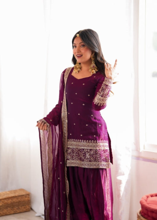 Wine Silk Embroidered Kurta Bell Bottom Set