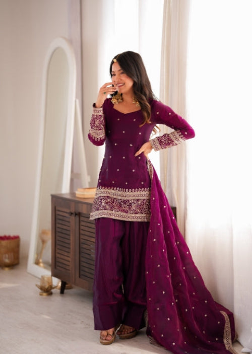 Wine Silk Embroidered Kurta Bell Bottom Set