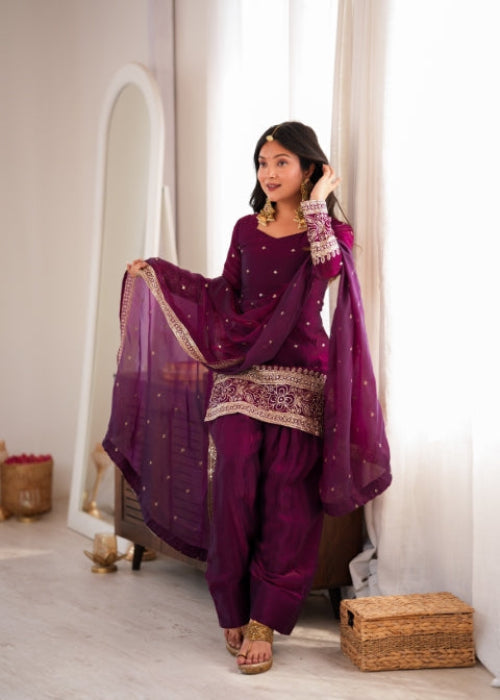 Wine Silk Embroidered Kurta Bell Bottom Set