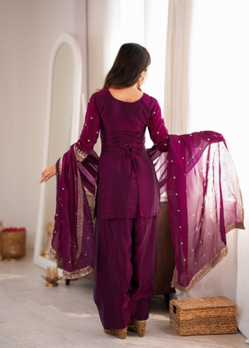 Wine Silk Embroidered Kurta Bell Bottom Set