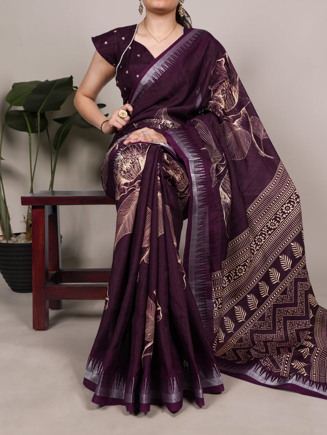 Wine Silk Floral Printed Saree