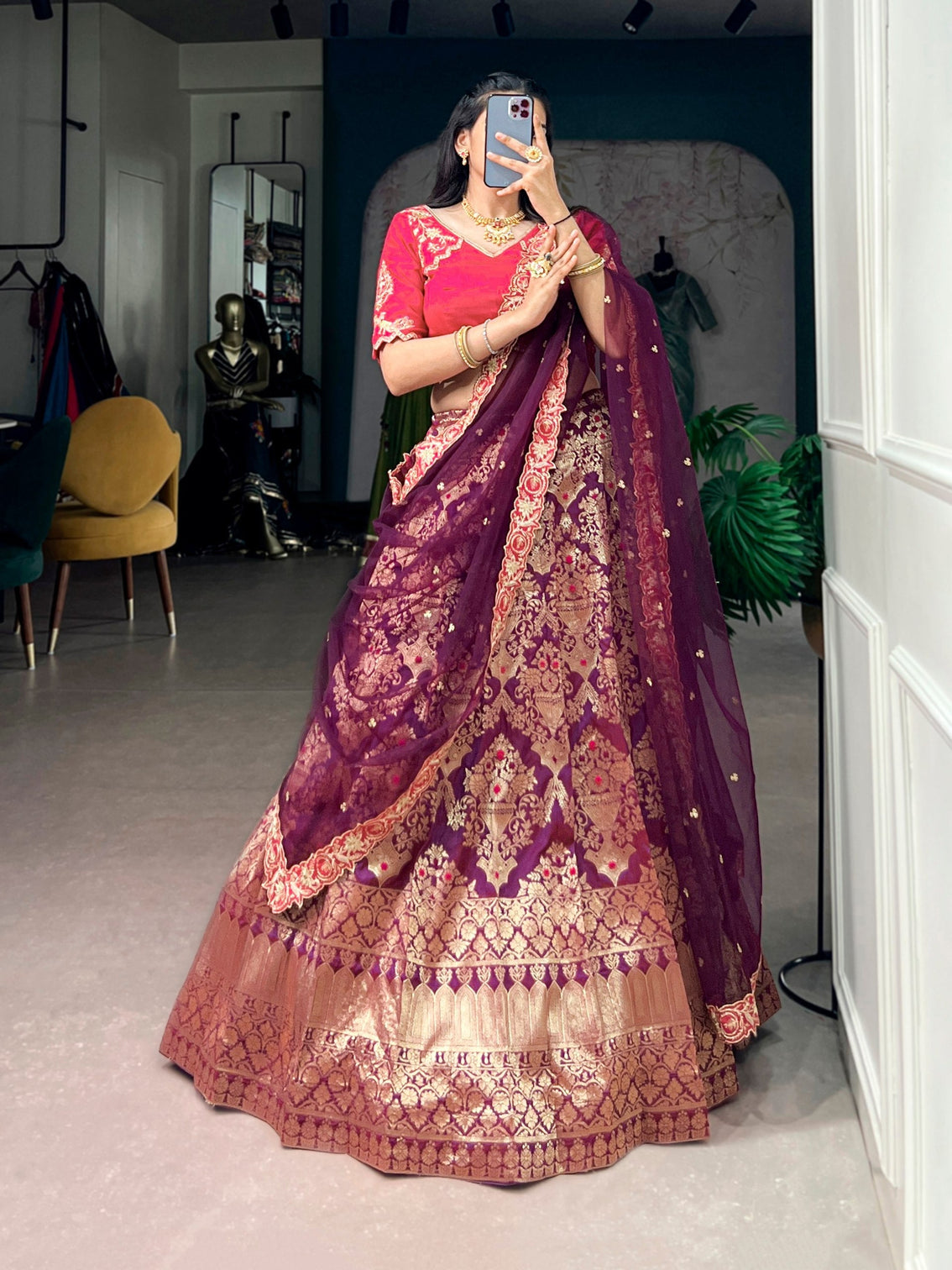 Wine Silk Lehenga Choli with Zari Work