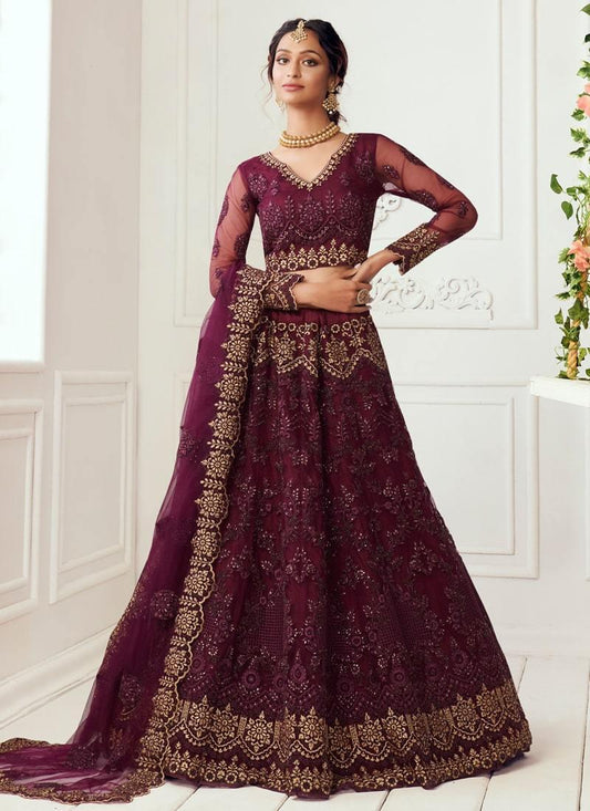 Wine Soft Net Base Dori And Zari Work Lehenga