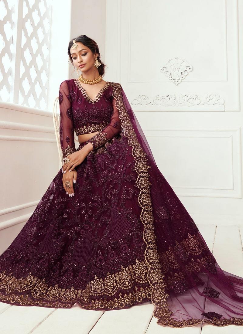 Wine Soft Net Base Dori And Zari Work Lehenga