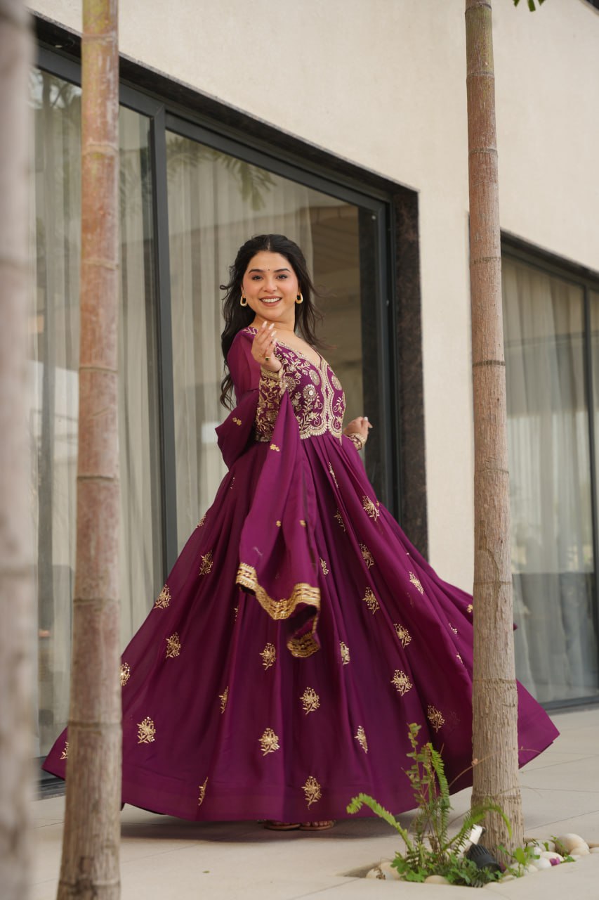 Wine Star Georgette Embroidered Gown with Sequins Work & Designer Dupatta – Festiv Collection