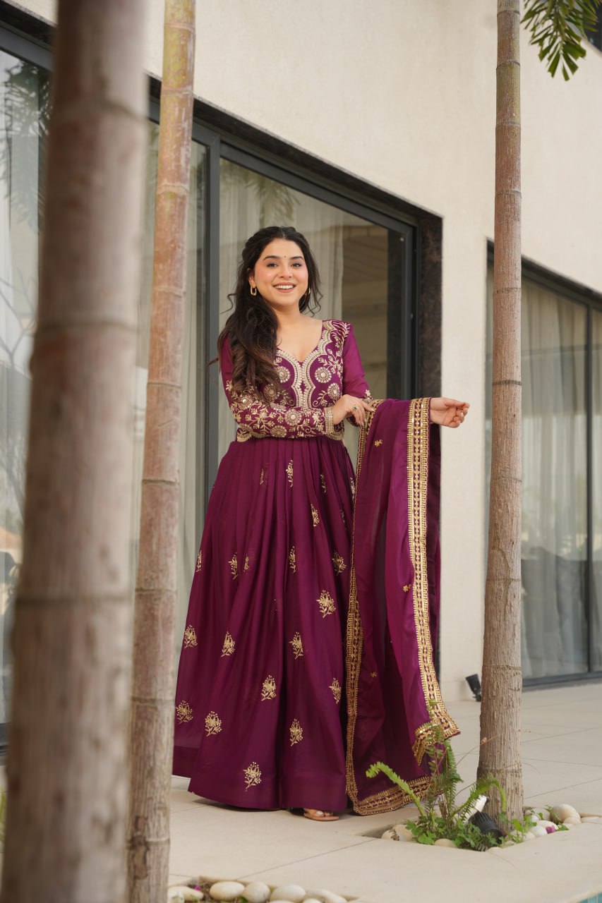 Wine Star Georgette Embroidered Gown with Sequins Work & Designer Dupatta – Festiv Collection