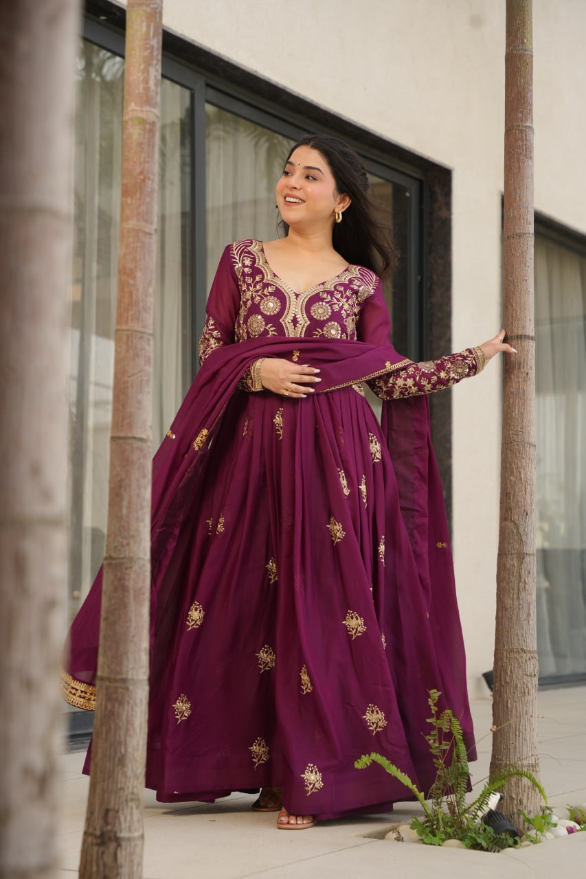 Wine Star Georgette Embroidered Gown with Sequins Work & Designer Dupatta – Festiv Collection