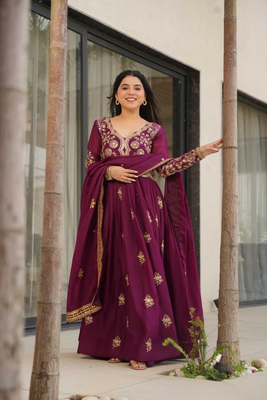 Wine Star Georgette Embroidered Gown with Sequins Work & Designer Dupatta – Festiv Collection