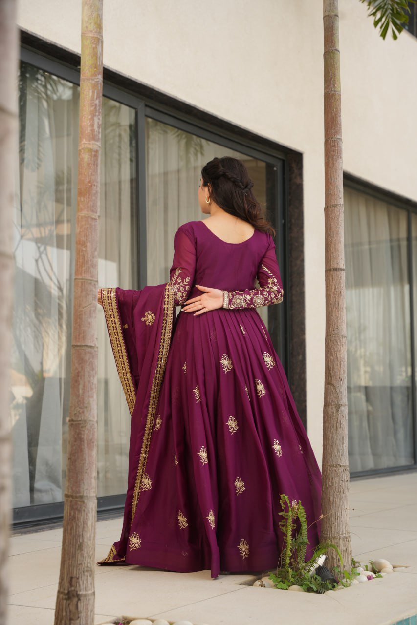 Wine Star Georgette Embroidered Gown with Sequins Work & Designer Dupatta – Festiv Collection
