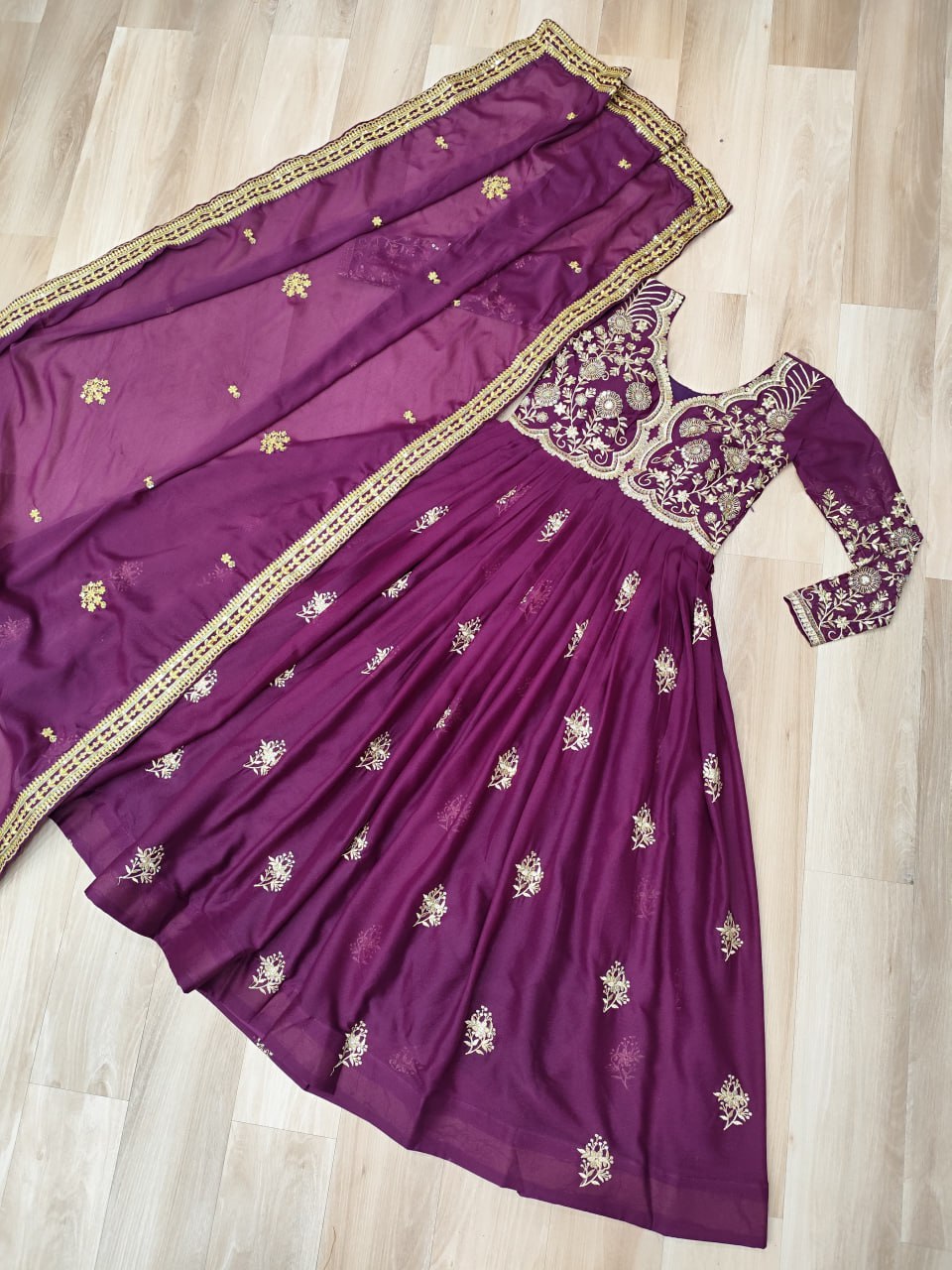 Wine Star Georgette Embroidered Gown with Sequins Work & Designer Dupatta – Festiv Collection