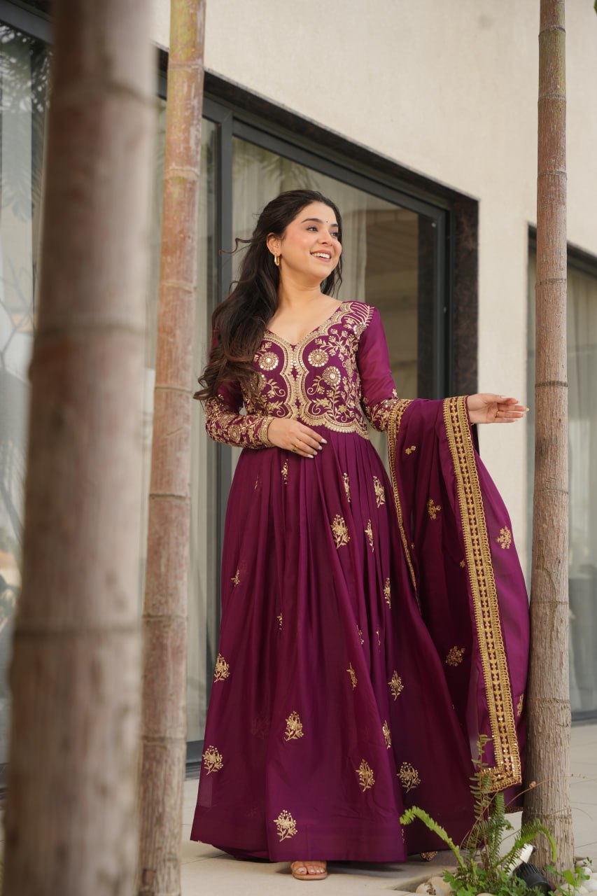 Wine Star Georgette Embroidered Gown with Sequins Work & Designer Dupatta – Festiv Collection
