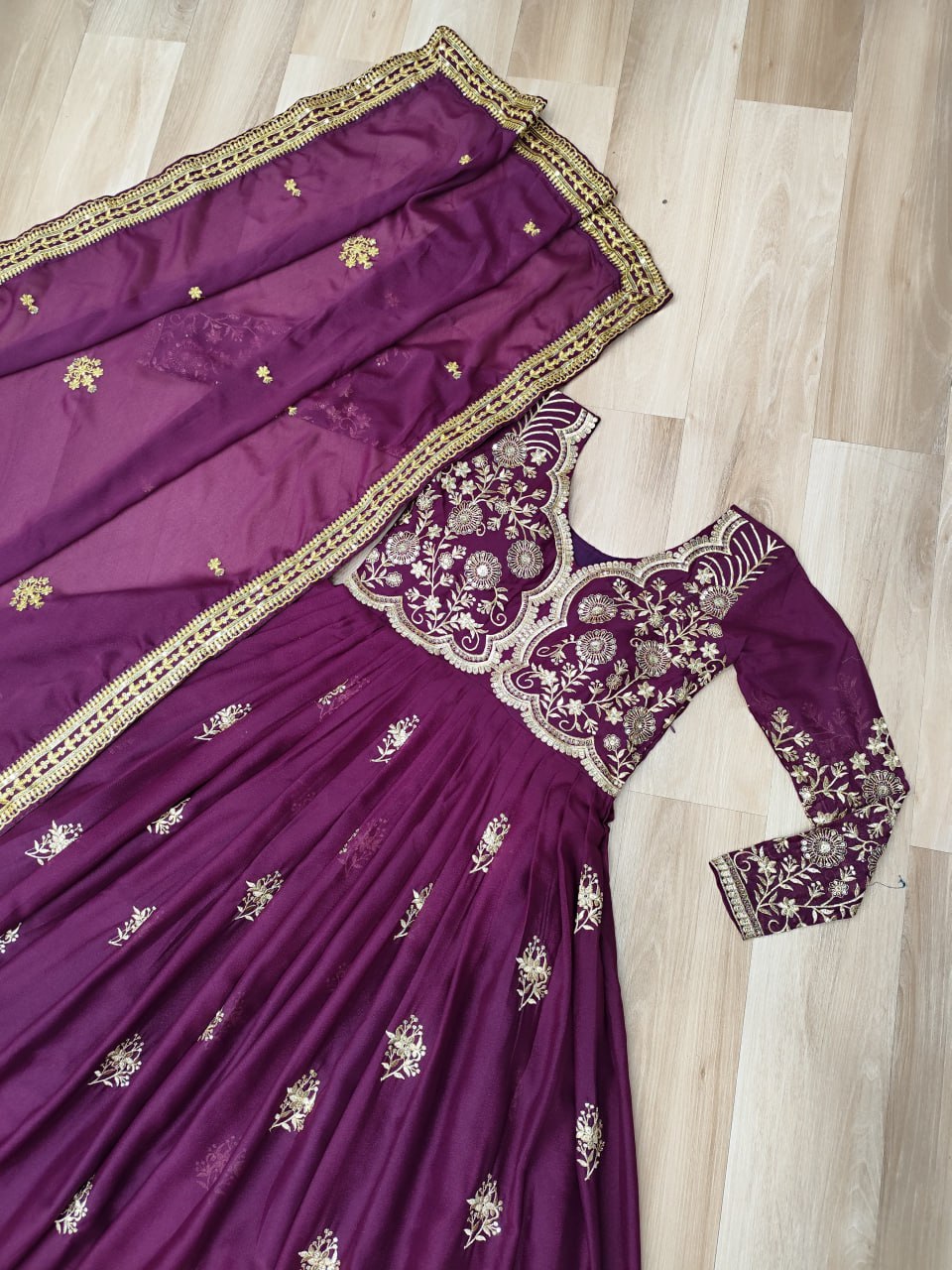 Wine Star Georgette Embroidered Gown with Sequins Work & Designer Dupatta – Festiv Collection